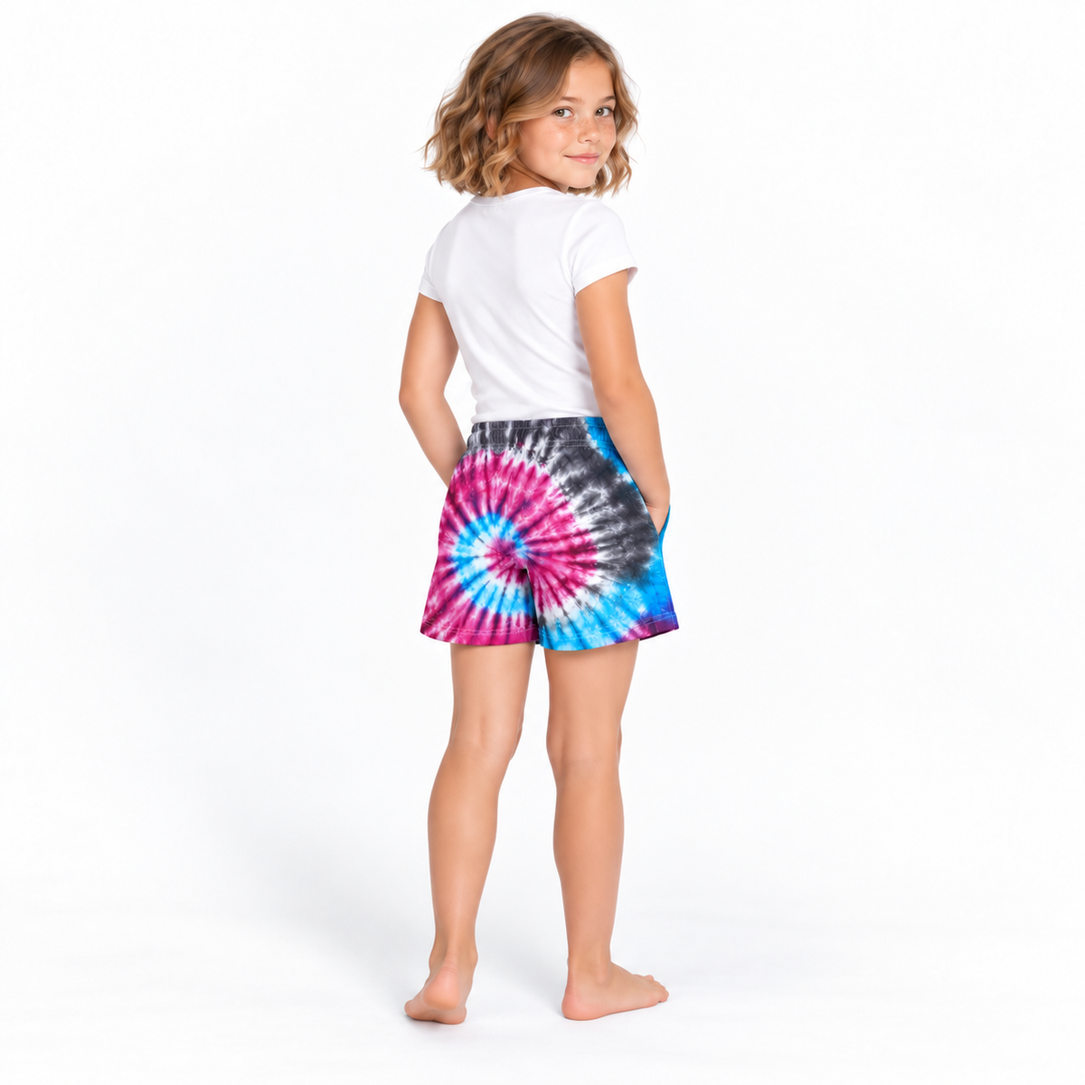 Magenta Blue Tie-Dye Shorts - model three-quarter back view