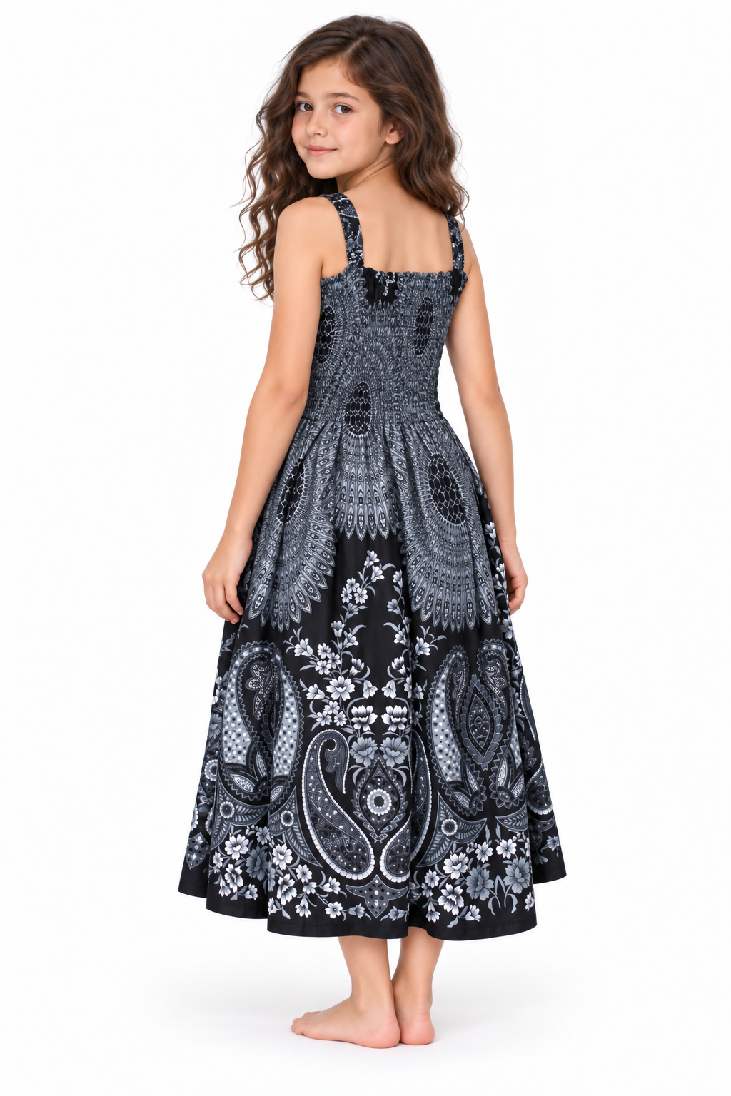 Black and White Paisley Smocked Dress - model three-quarter back view