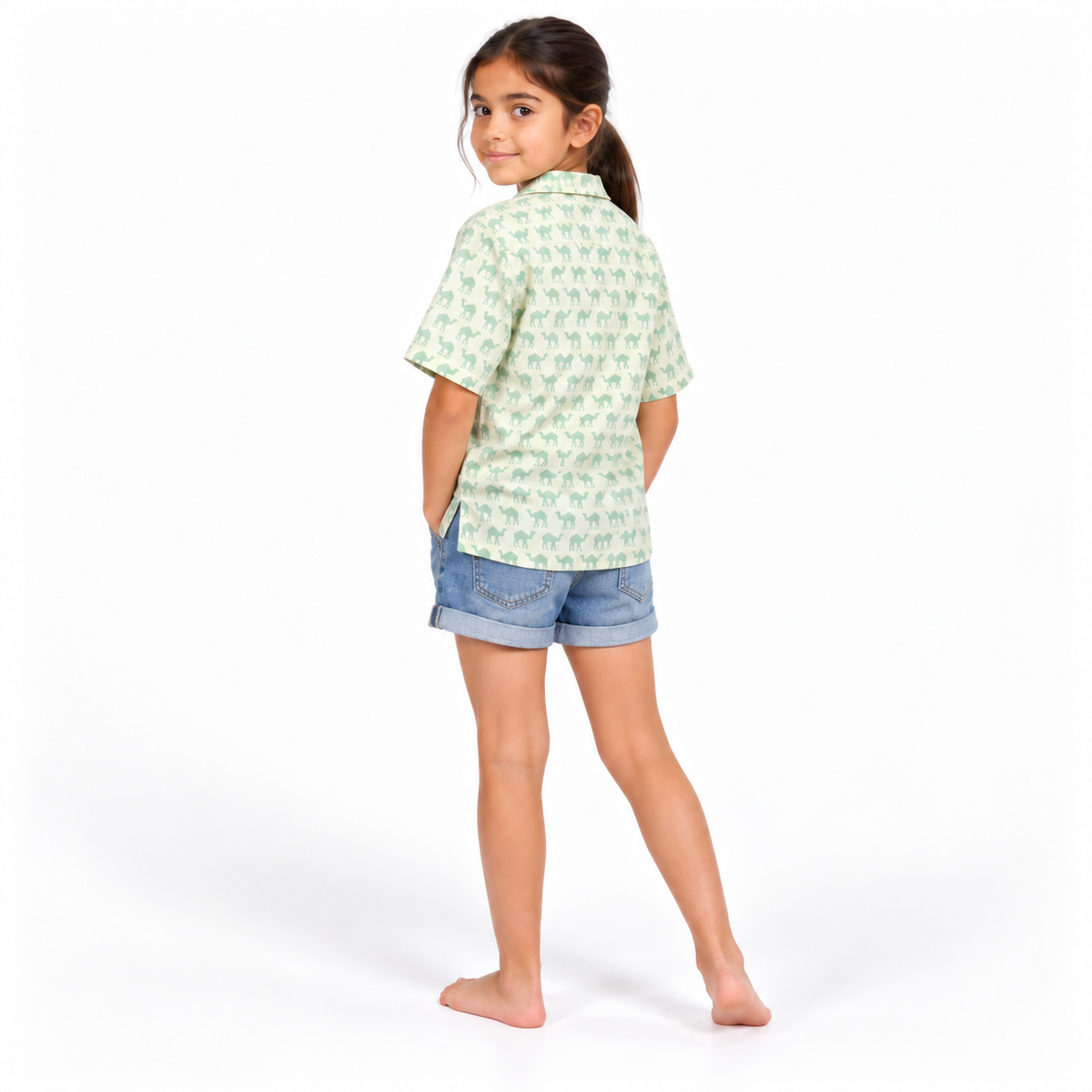 Mint Camel Print Shirt - model three-quarter back view