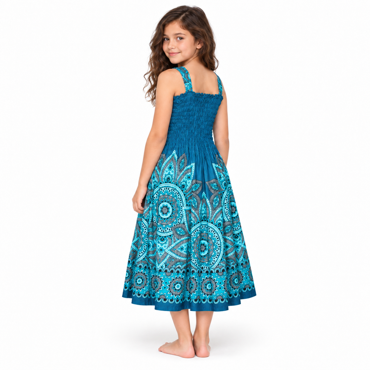 Ocean Blue Mandala Smocked Dress - model three-quarter back view