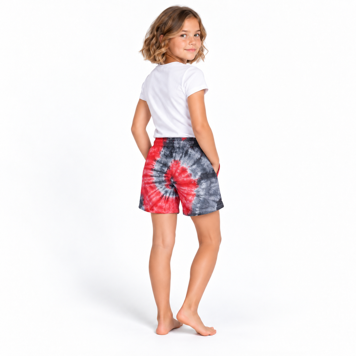 Red Black Tie-Dye Shorts - model three-quarter back view