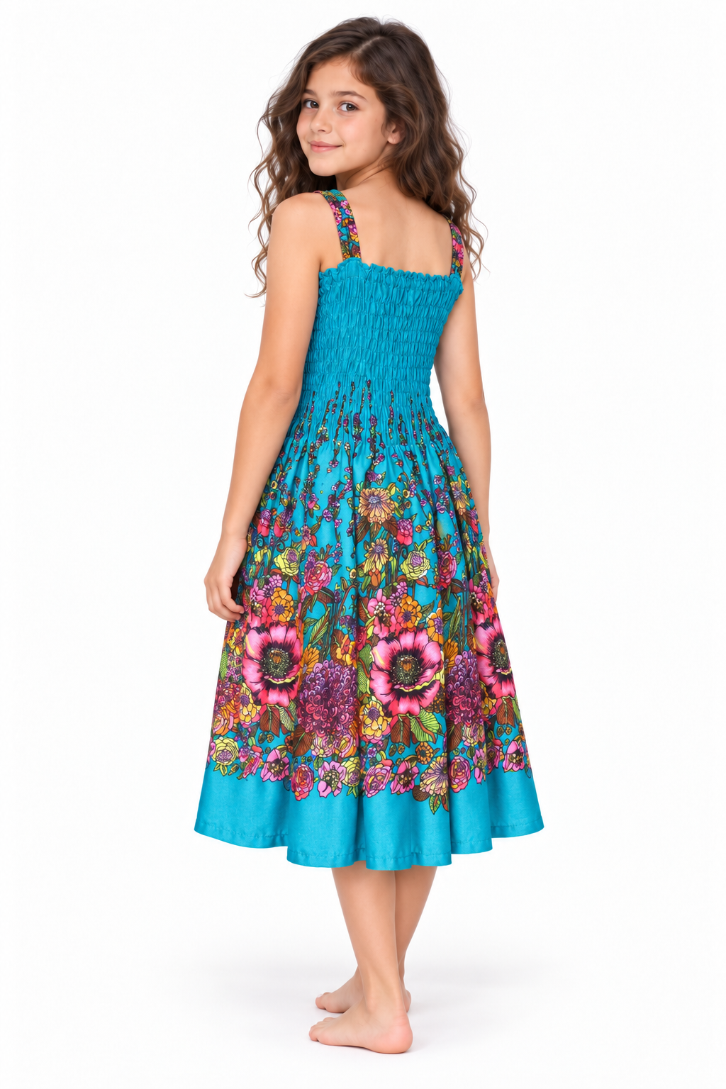 Turquoise Floral Border Smocked Dress - model three-quarter back view