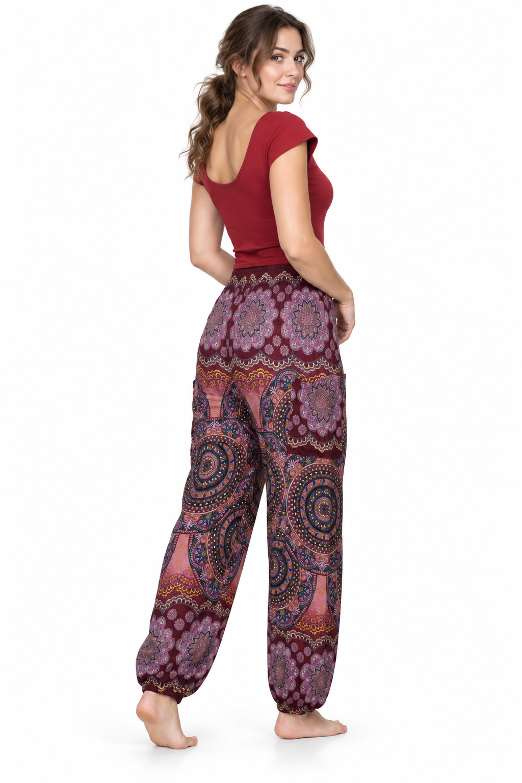 Burgundy Paisley Harem Pants three-quarter back view