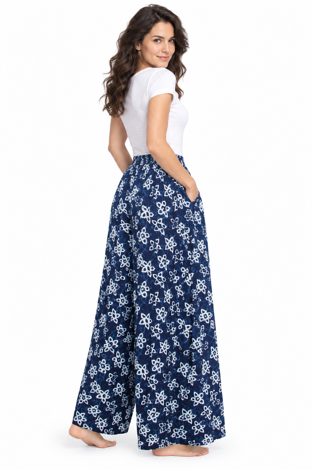 Navy White Floral Harem Pants three-quarter back view