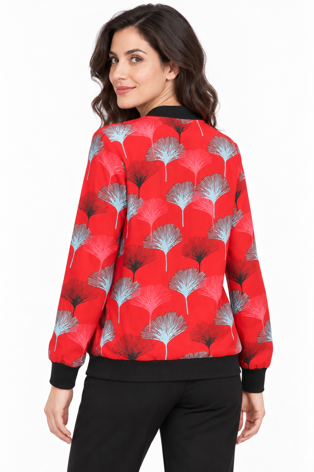 Jacket - Red Grey Ginkgo Leaf Pattern - image 3
