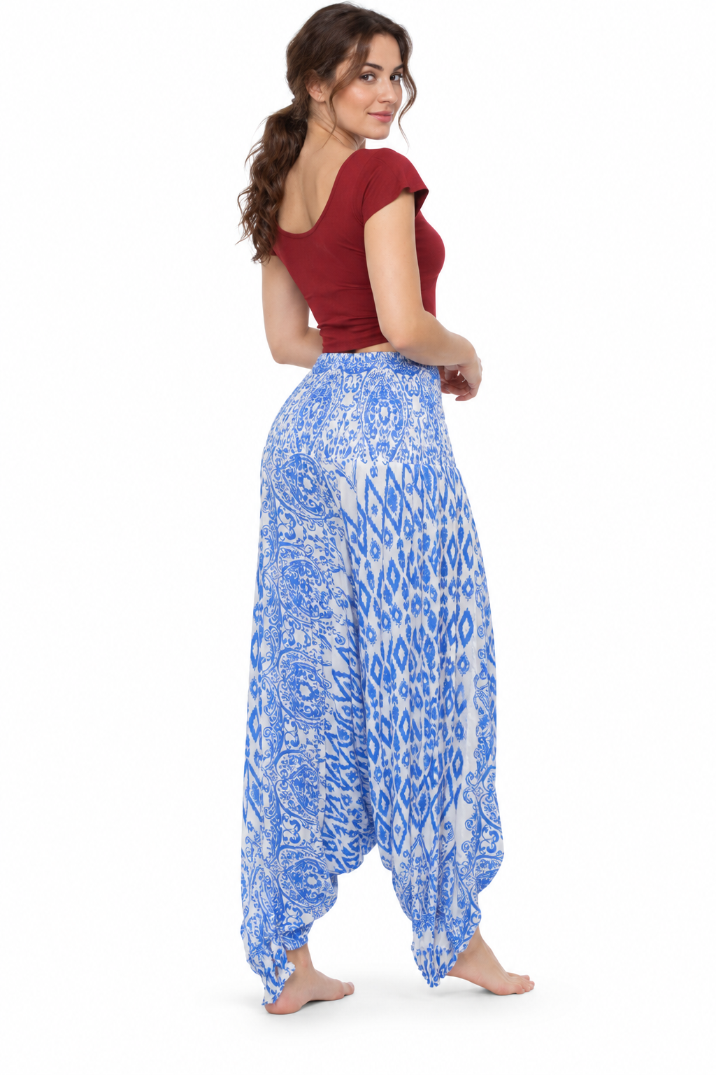 Blue White Floral Harem Pants three-quarter back view