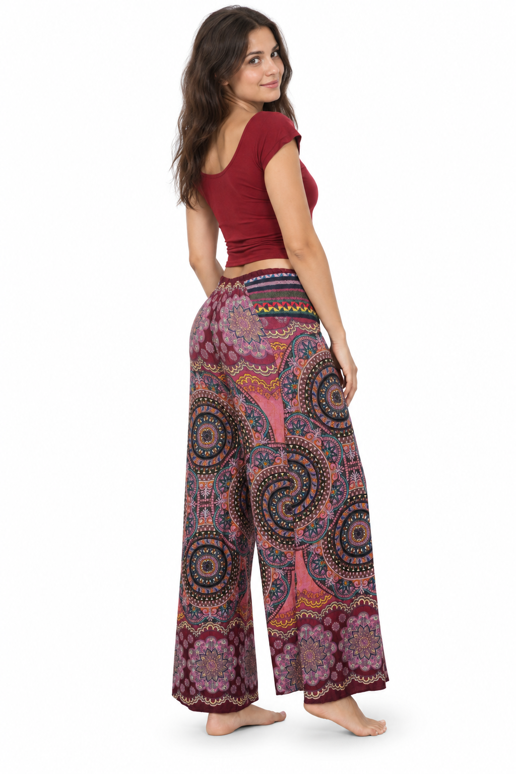 Burgundy Mandala Harem Pants three-quarter back view