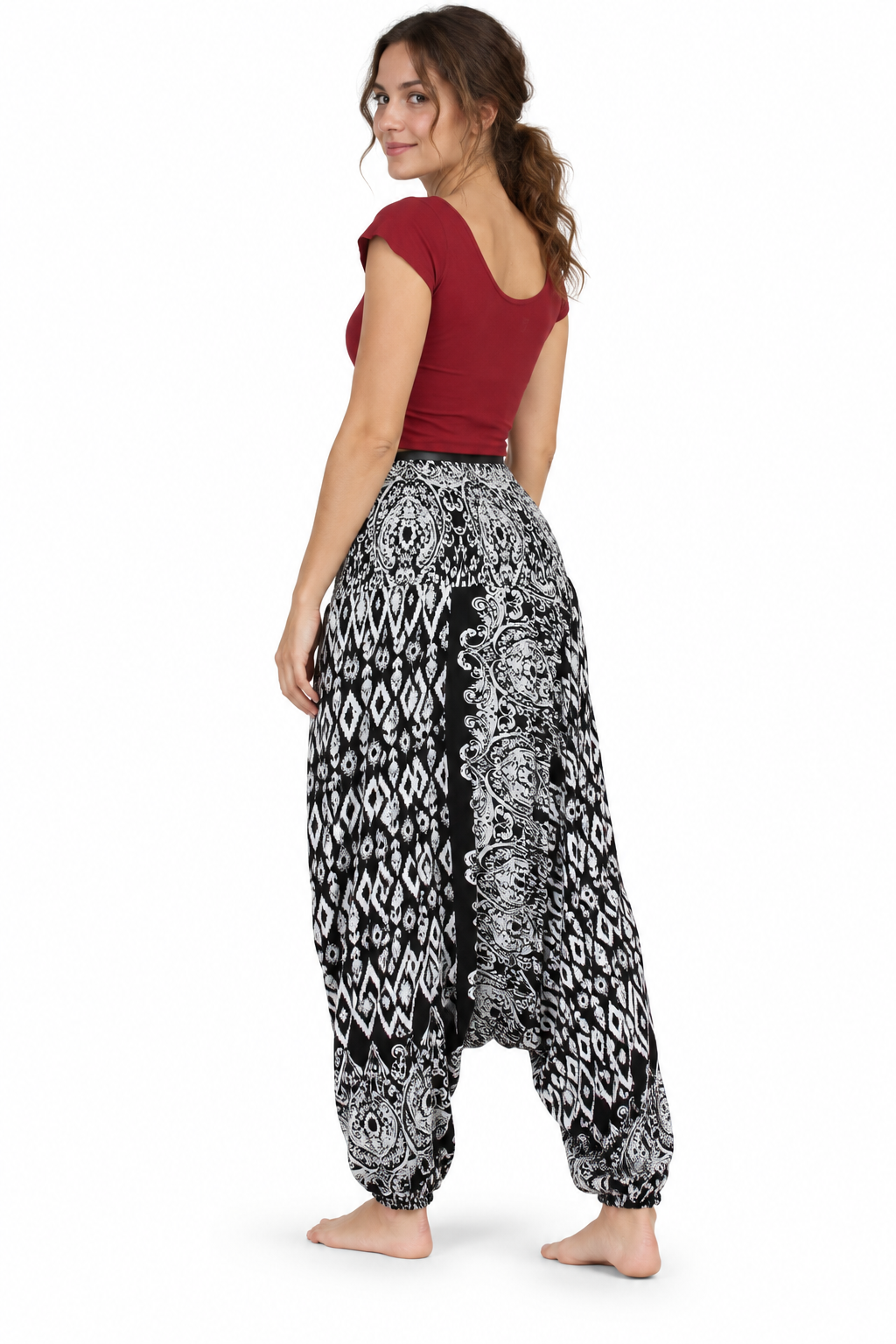 Black White Floral Harem Pants three-quarter back view
