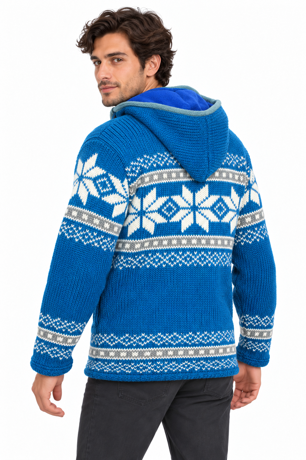 Blue & White Nordic Hooded Wool Jacket — model three-quarter back view