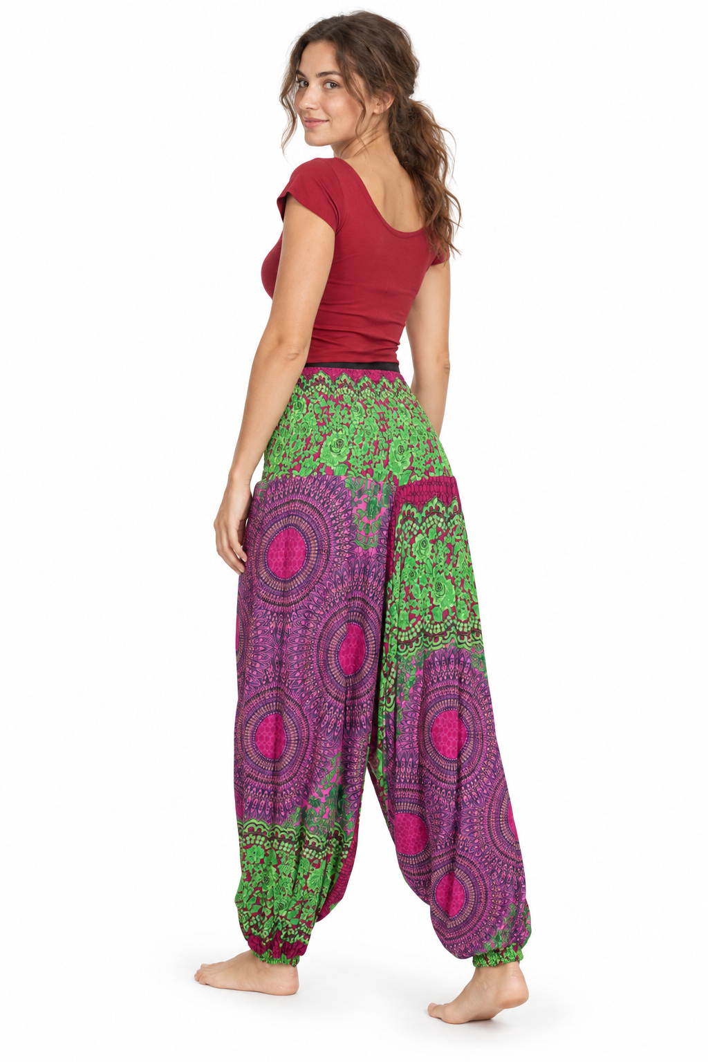 Green Pink Patchwork Harem Pants three-quarter back view