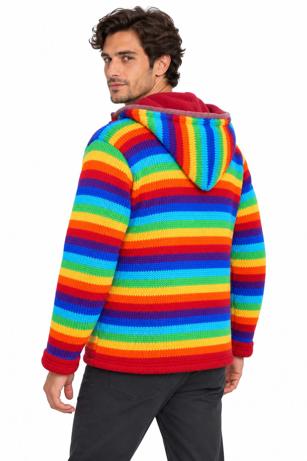 Rainbow Striped Hooded Wool Jacket — model three-quarter back view