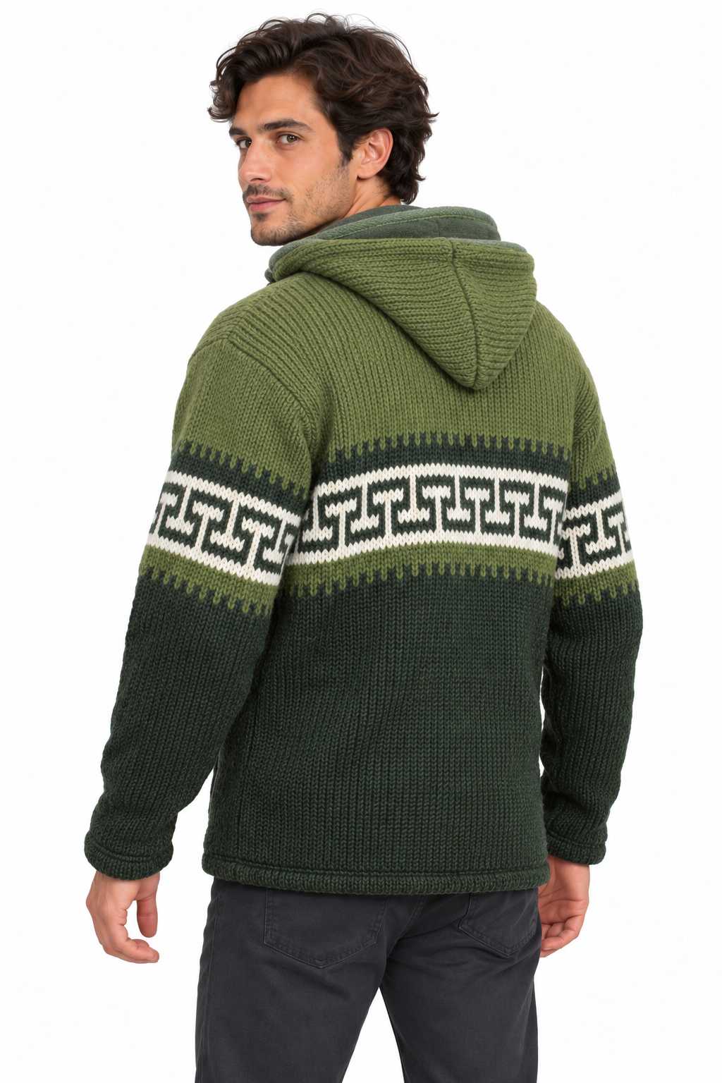Olive Green Geometric Hooded Wool Jacket — model three-quarter back view