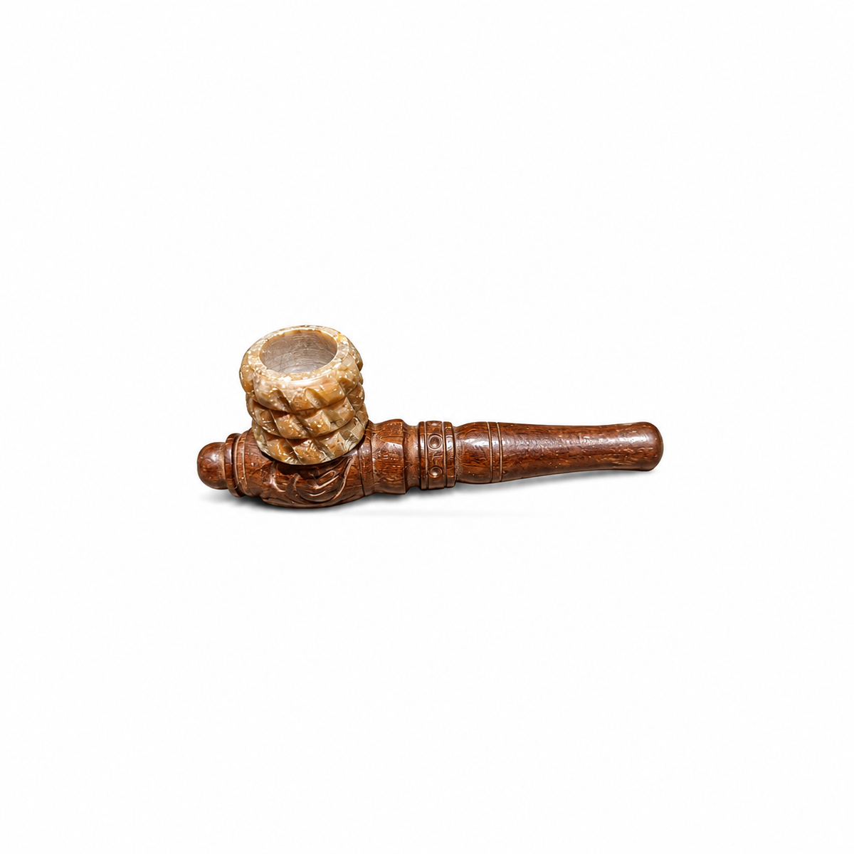 Handmade Indian Wooden Pipe with Basket-Carved Bowl - view 3