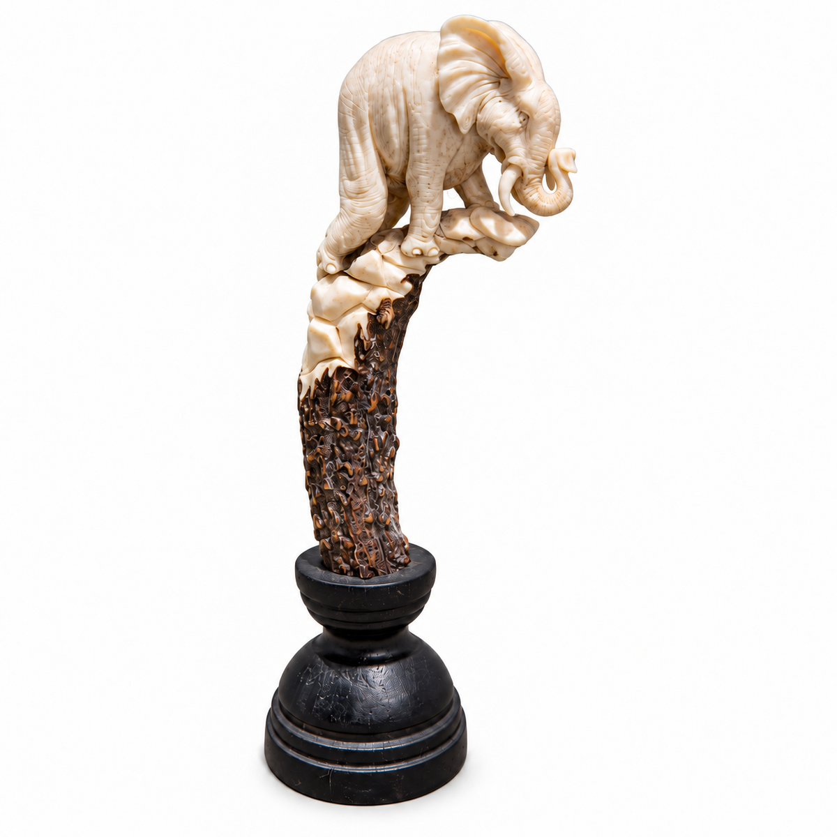 Hand-Carved Elephant Head Made from Deer Antler with Display Stand