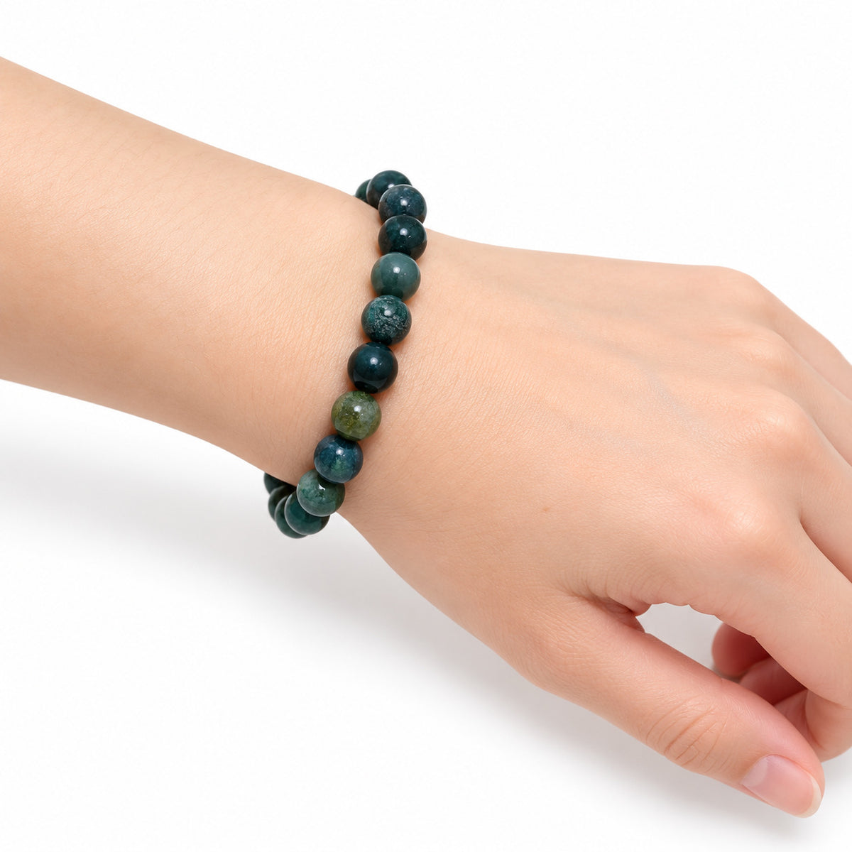 Moss Agate Bead Bracelet — wrist side view
