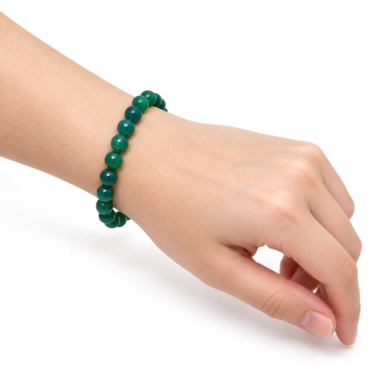 Green Onyx Bead Bracelet — wrist side view