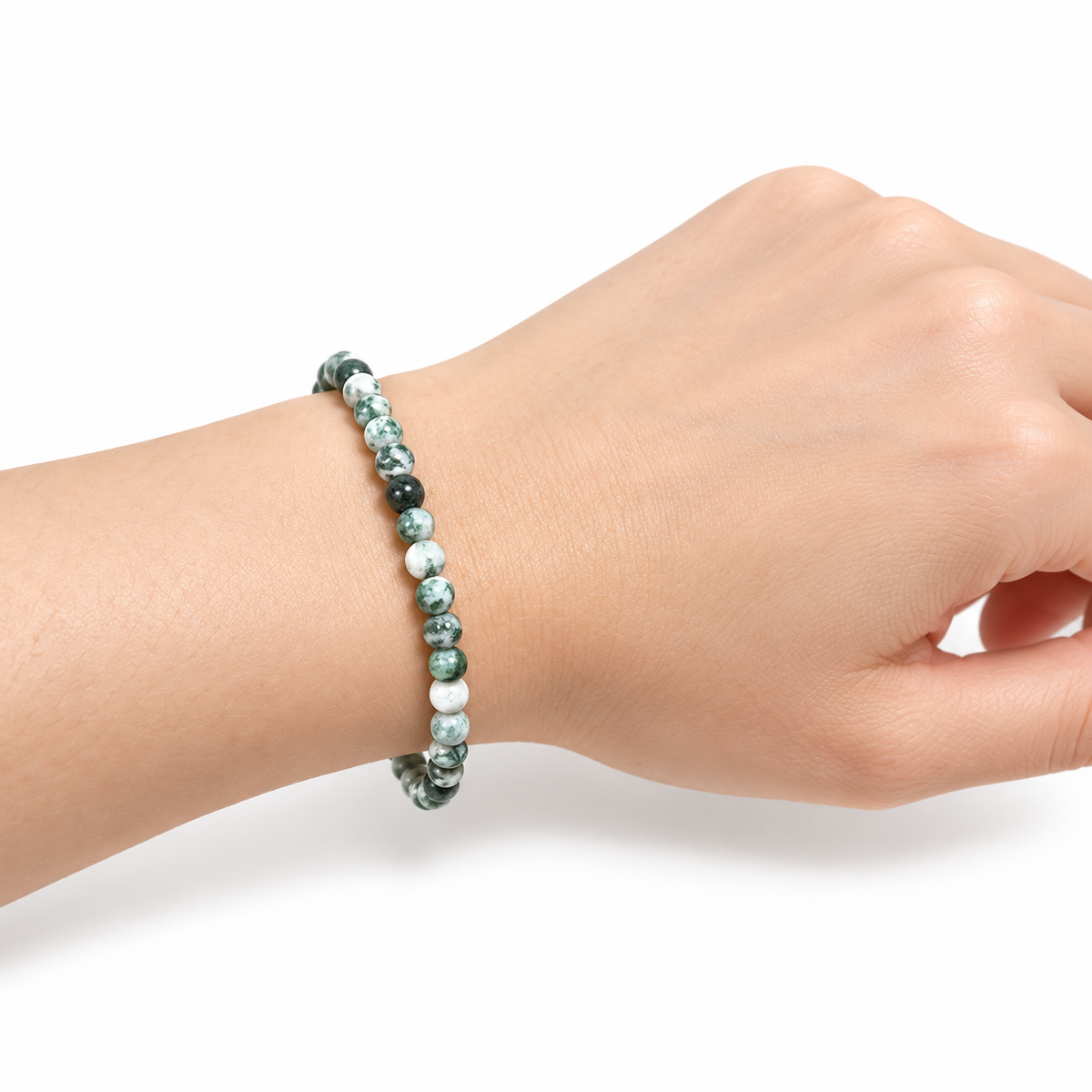 Tree Agate Fine Bead Bracelet — wrist side view