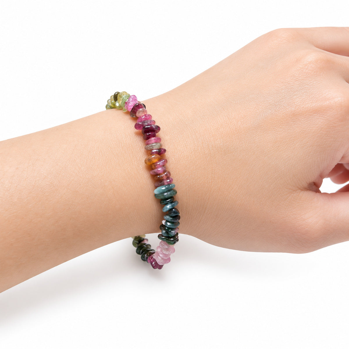 Colourful Tourmaline Chip Bracelet - Rainbow — wrist side view