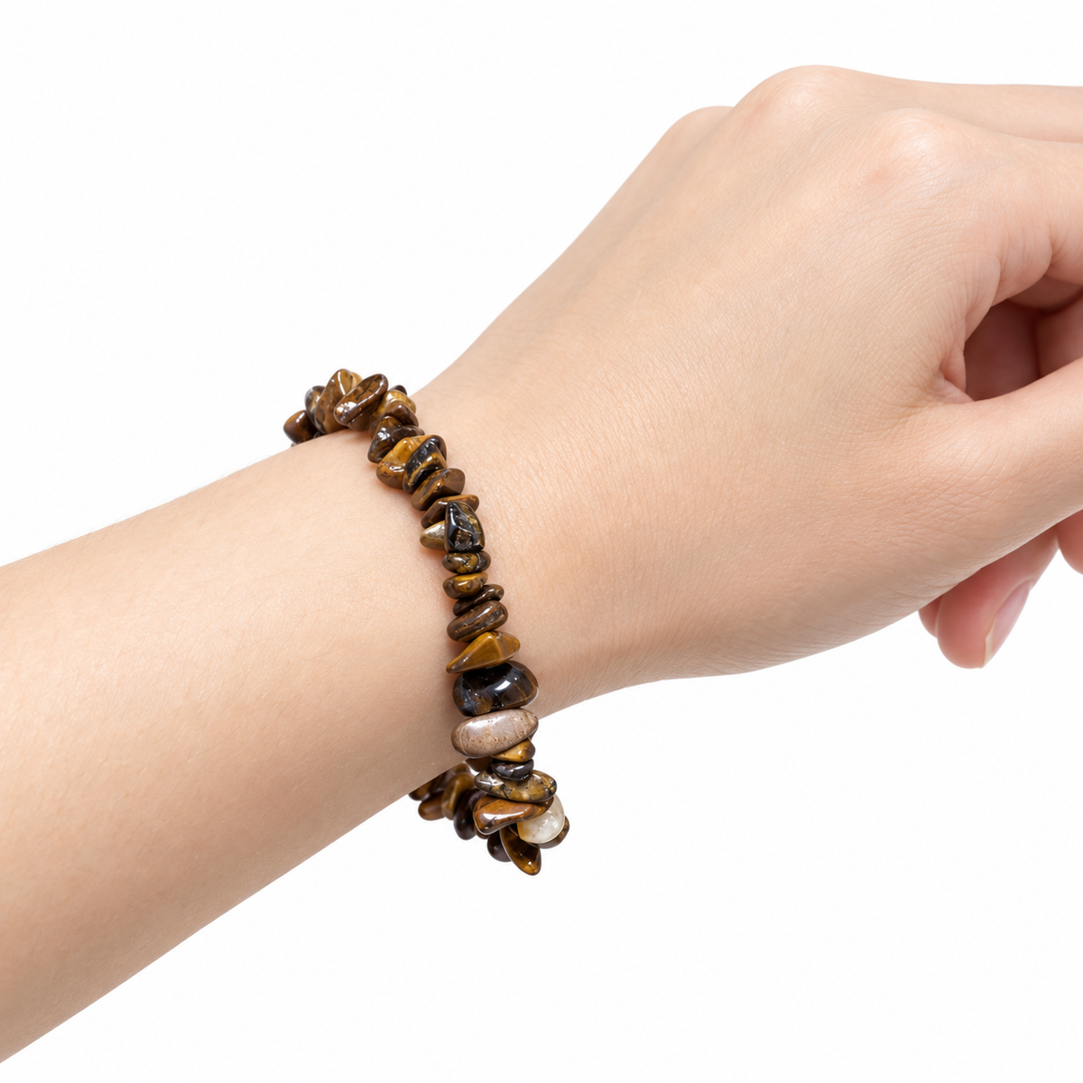 Tiger Eye Chip Bracelet — wrist side view