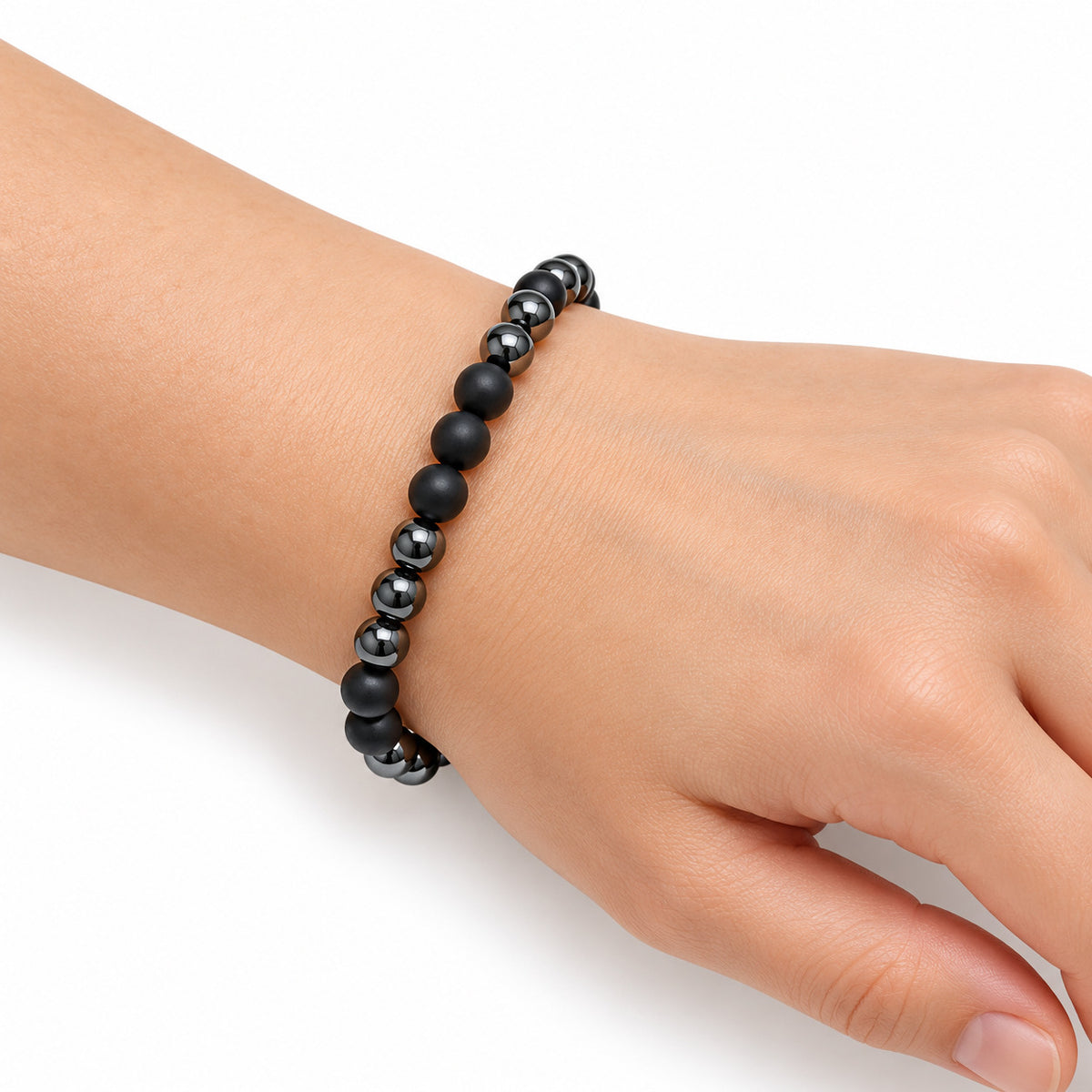 Hematite Mixed Finish Bead Bracelet — wrist side view
