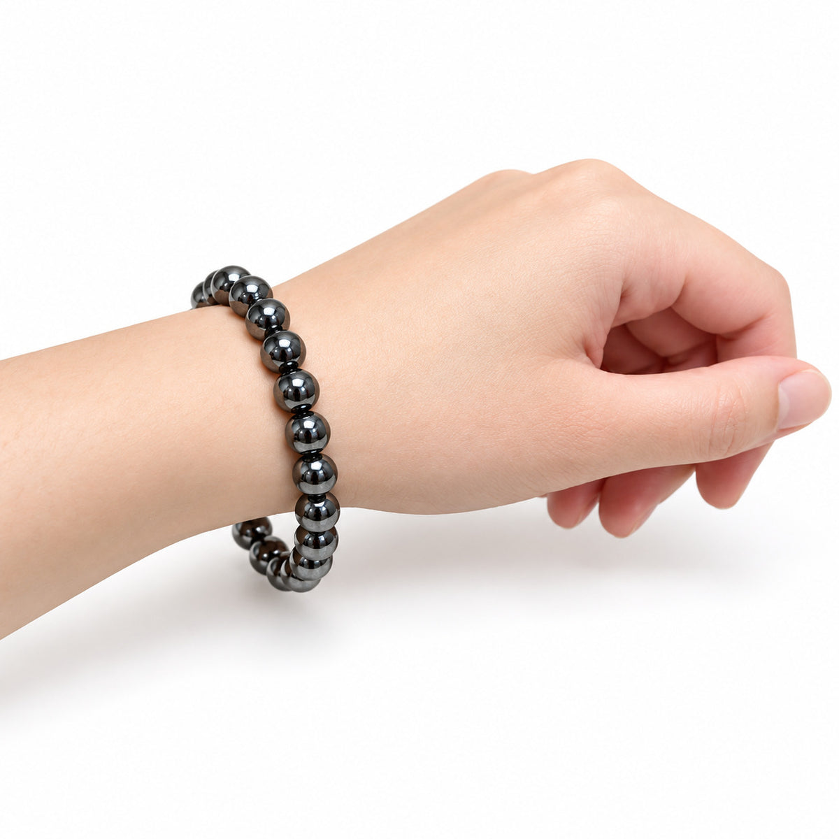 Hematite Bead Bracelet — wrist side view