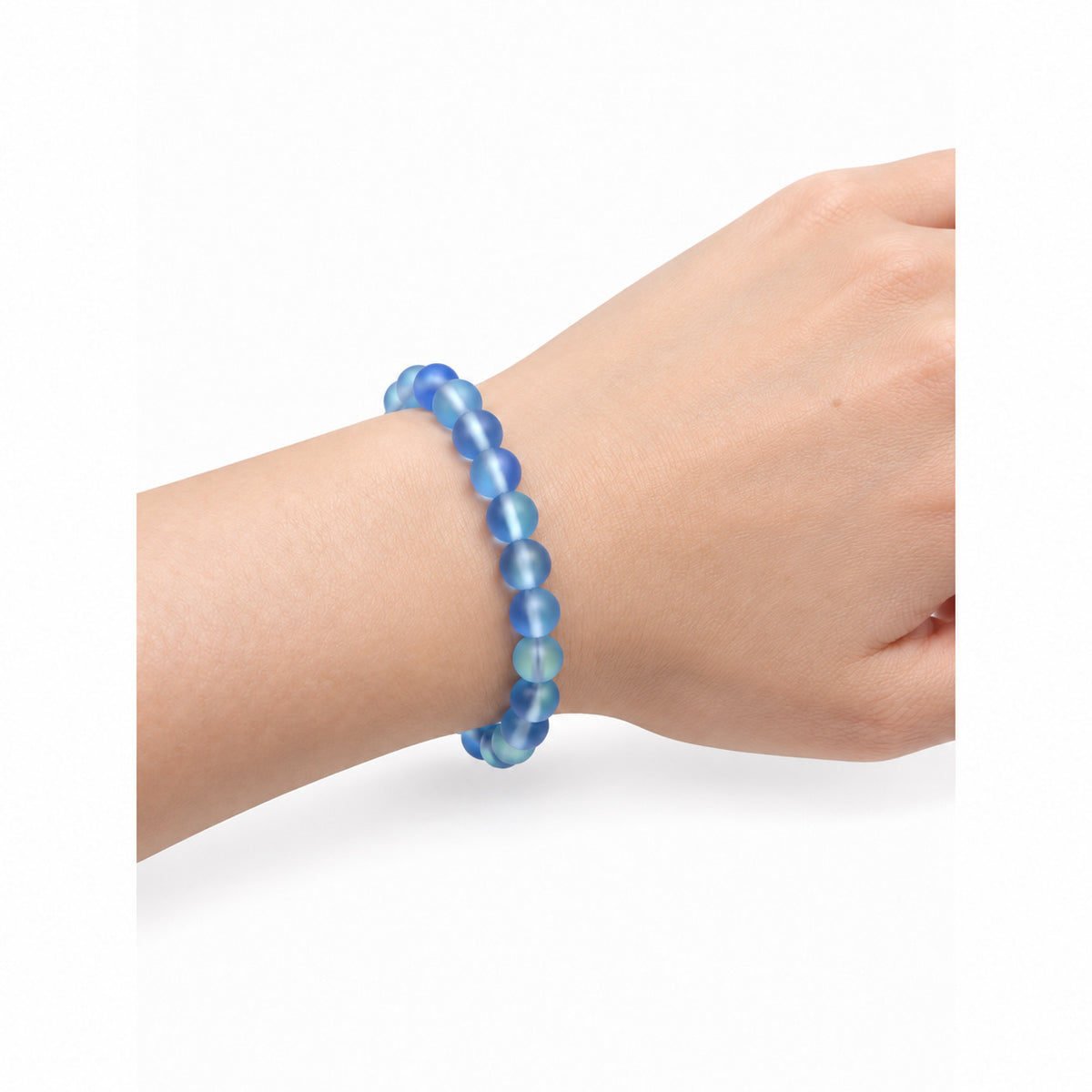 Blue Matt Crystal Bead Bracelet — wrist side view
