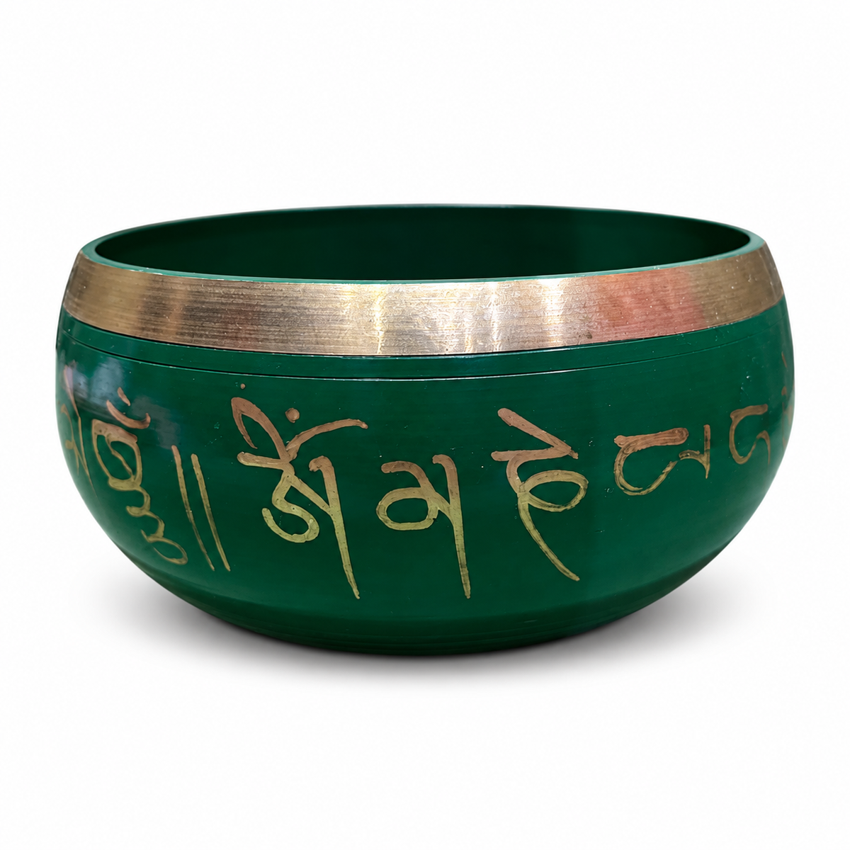 Green Mantra Singing Bowl with Red Mallet - alternate angle view