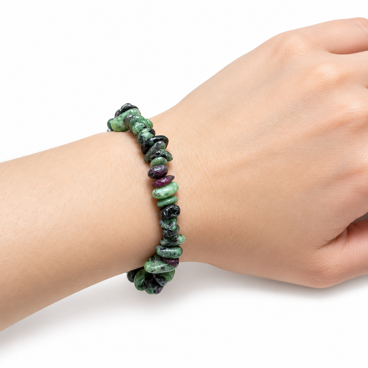Ruby Zoisite Chip Bracelet — wrist side view
