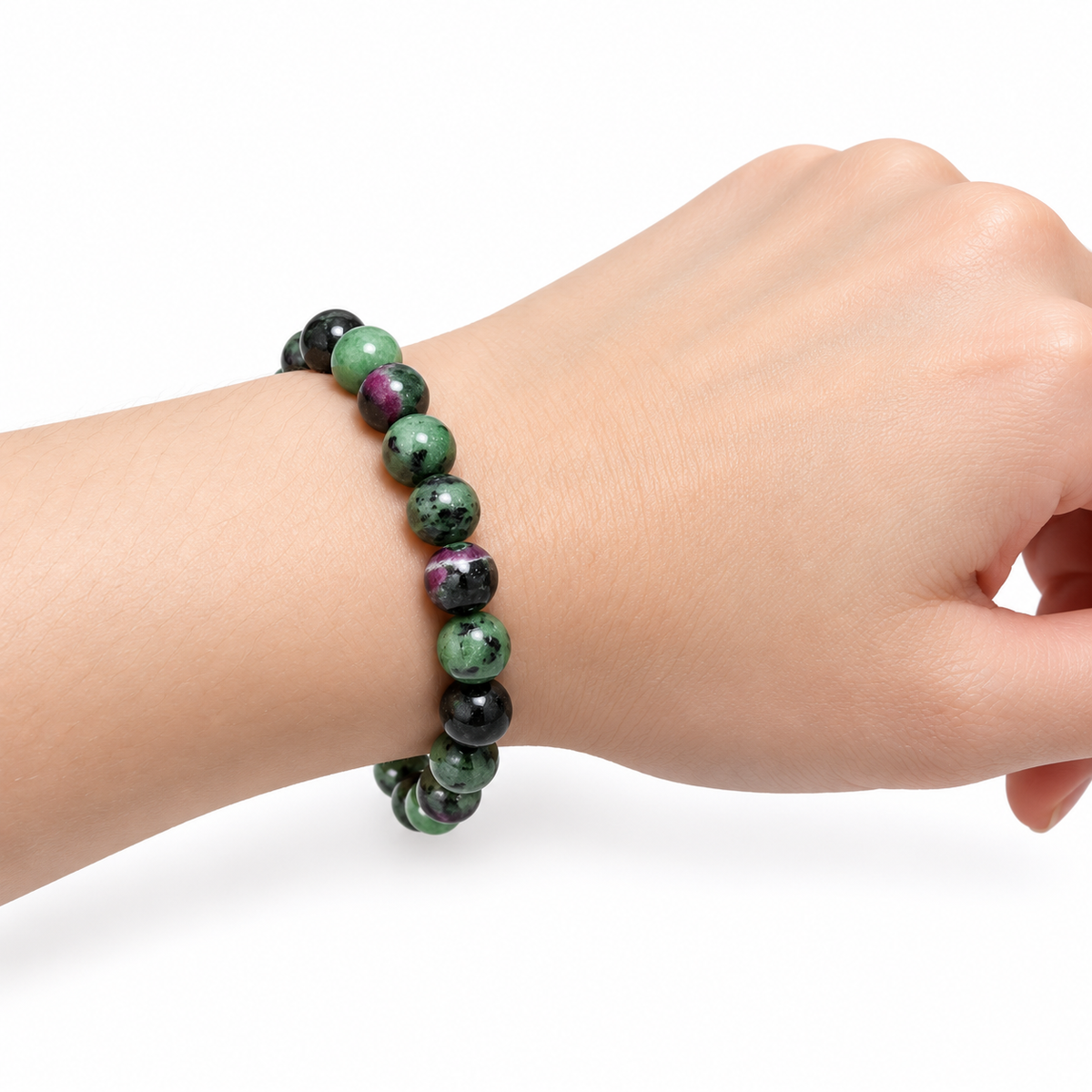 Ruby Zoisite Bead Bracelet — wrist side view