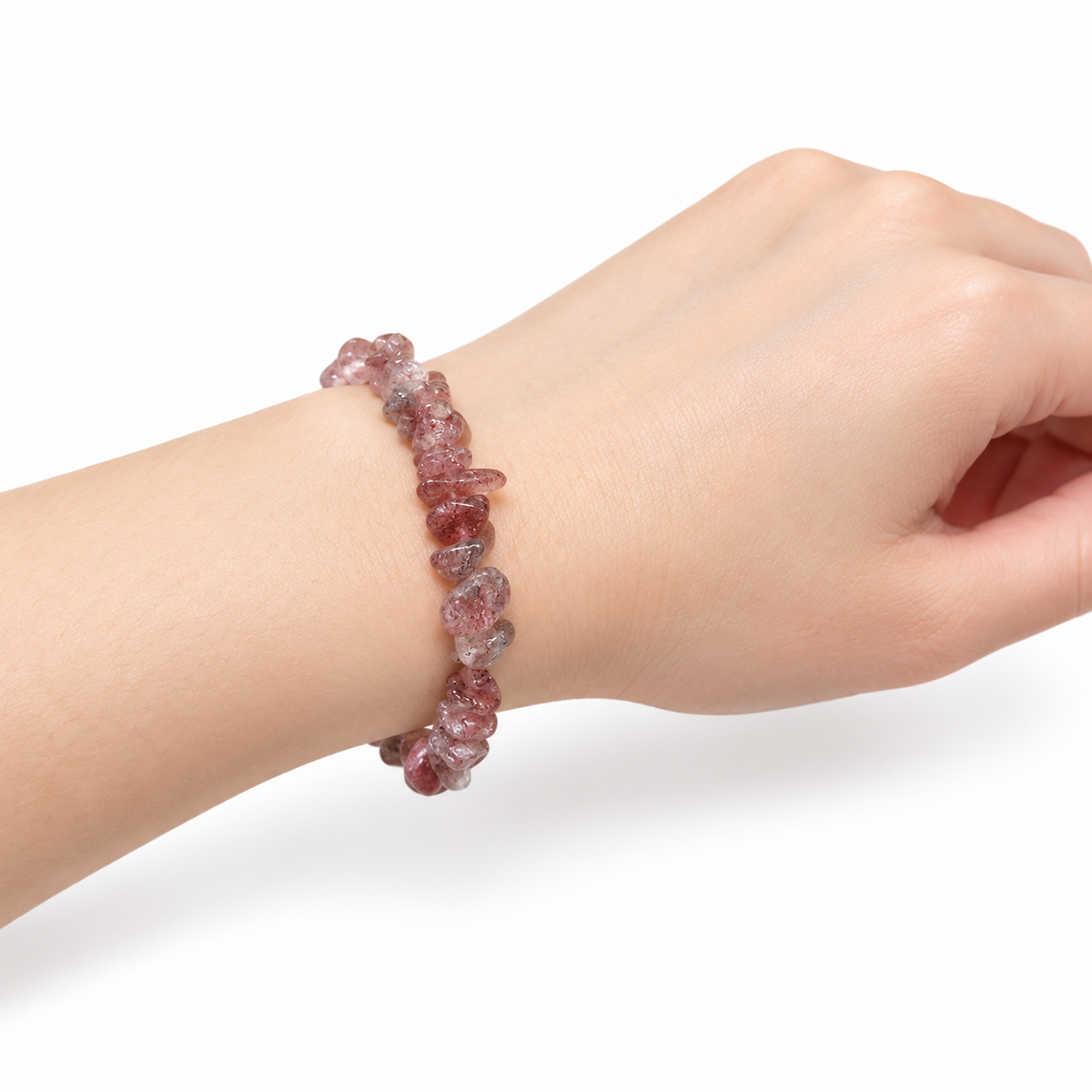 Strawberry Quartz Chip Bracelet — wrist side view