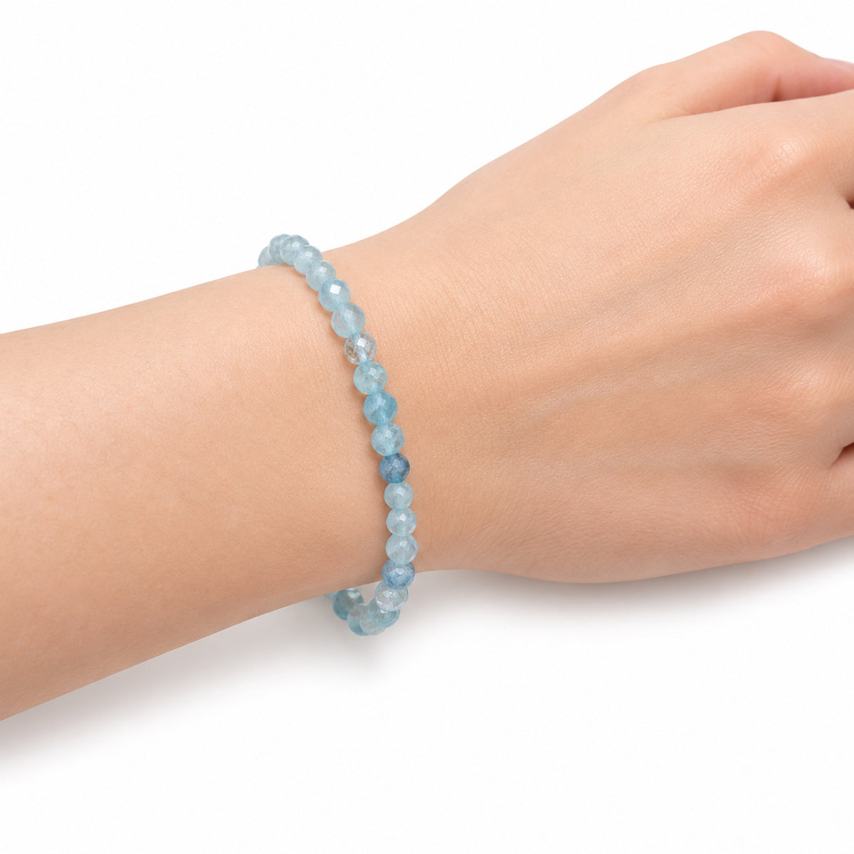 Aquamarine Bead Bracelet — wrist side view