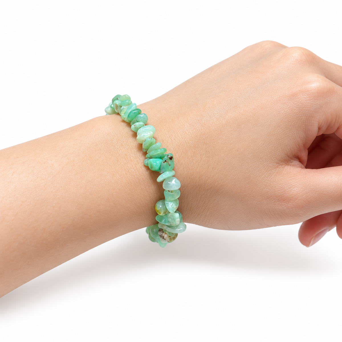 Chrysoprase Chip Bracelet — wrist side view