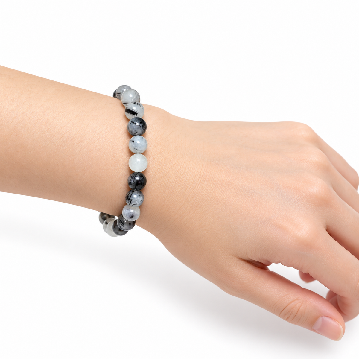 Tourmalinated Quartz Bead Bracelet — wrist side view