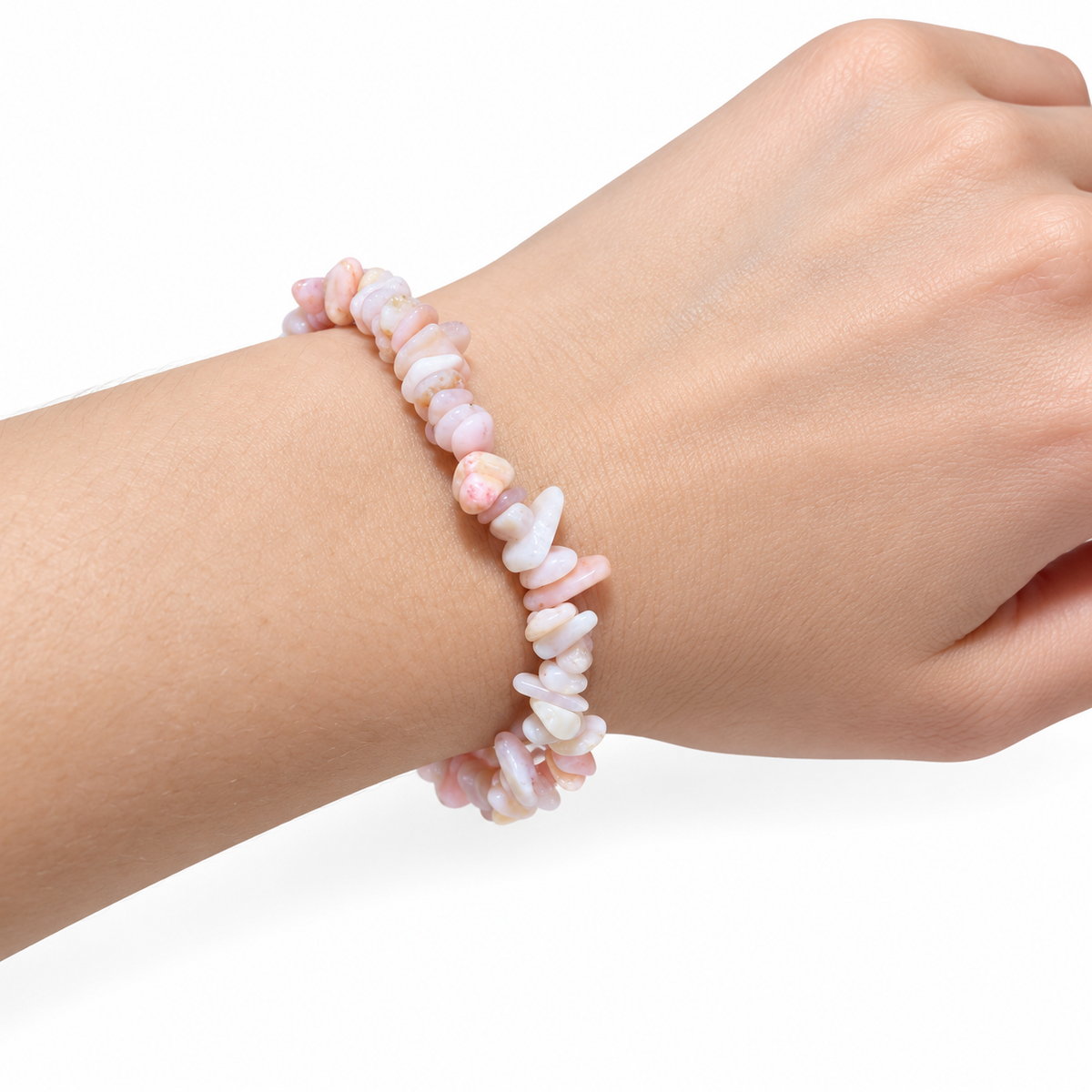 Pink Opal Chip Bracelet — wrist side view