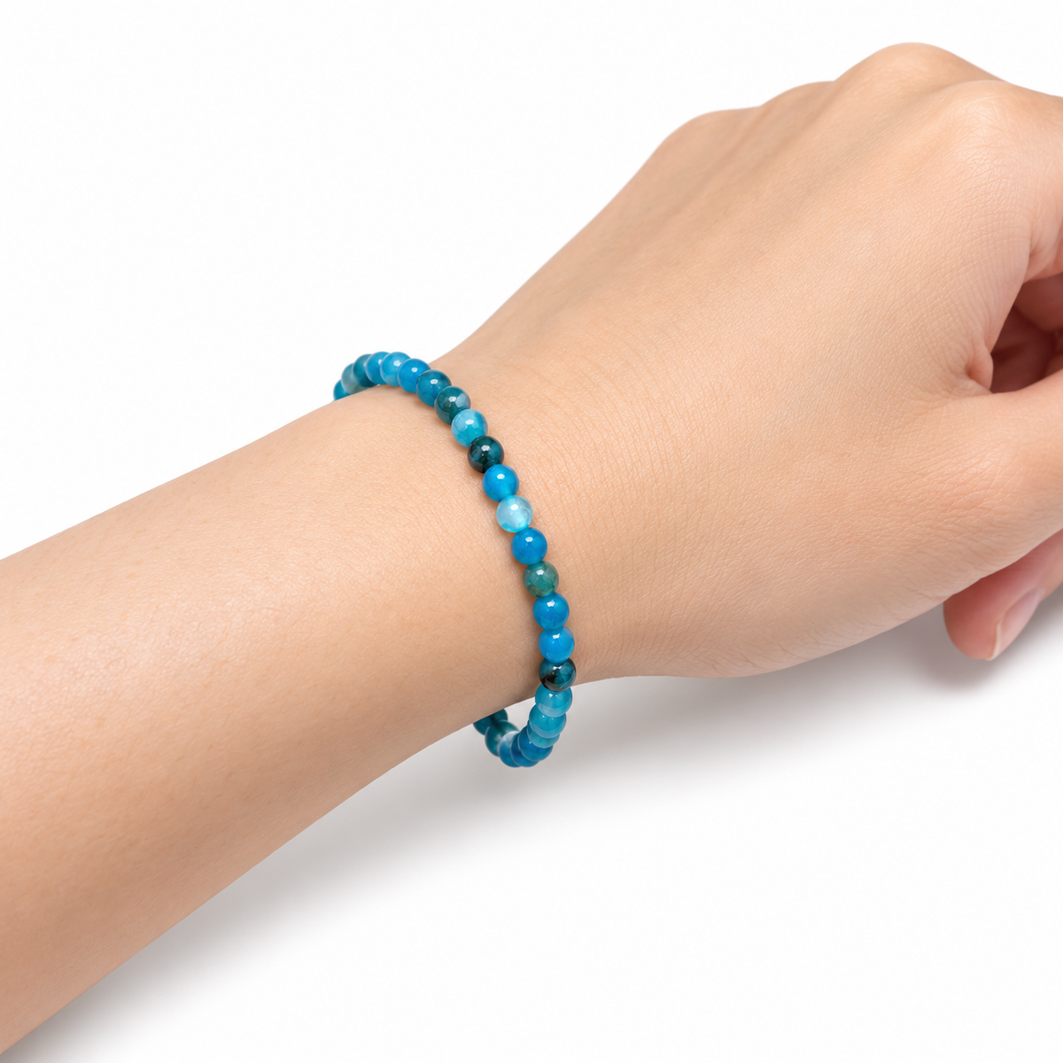 Blue Agate Fine Bead Bracelet — wrist side view