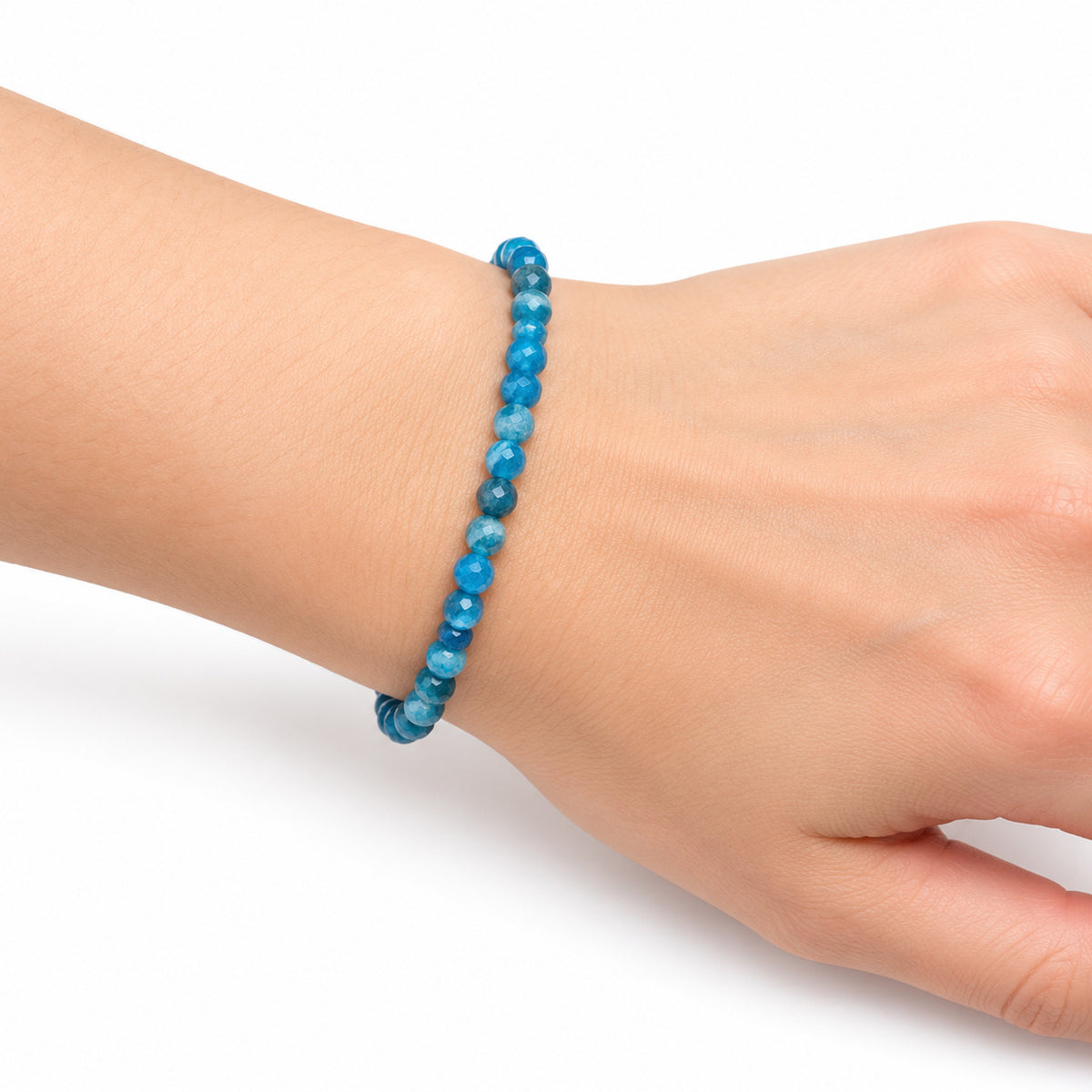 Blue Apatite Fine Bead Bracelet — wrist side view