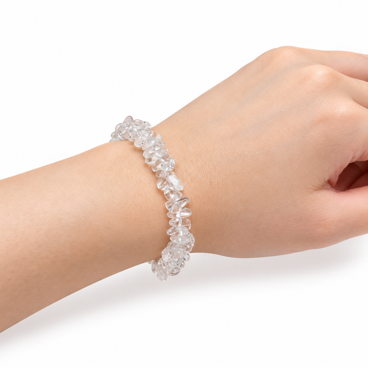 Crystal Quartz Chip Bracelet — wrist side view