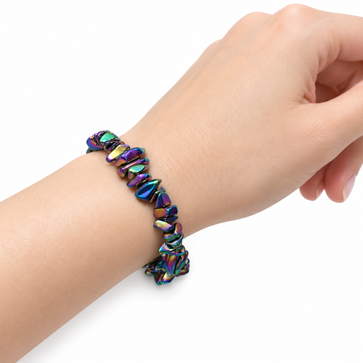 Rainbow Hematite Chip Bracelet — wrist side view