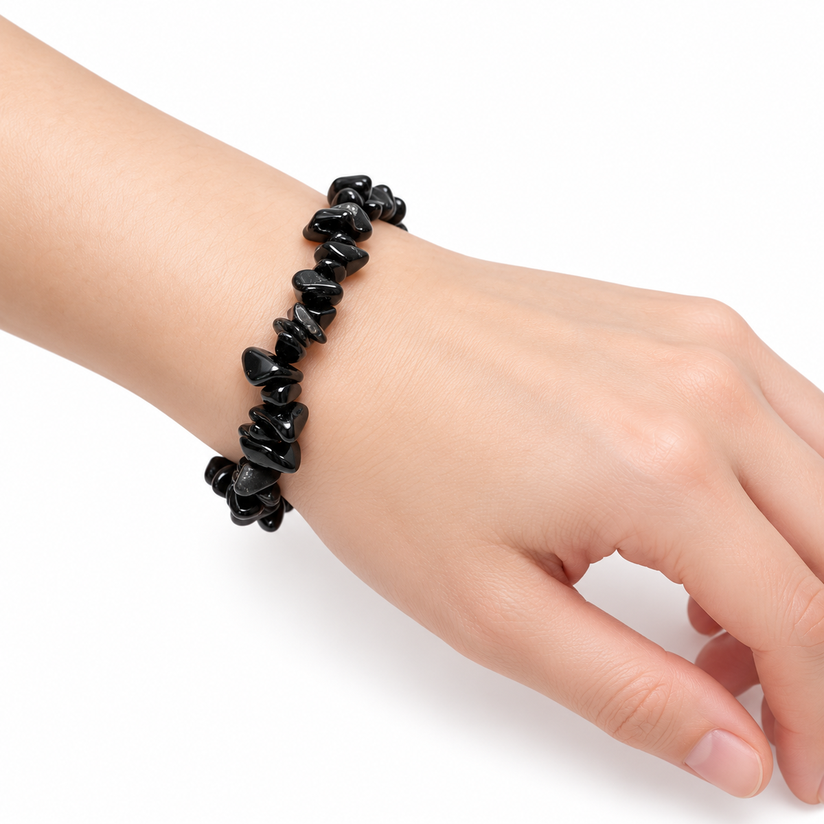 Black Obsidian Chip Bracelet — wrist side view