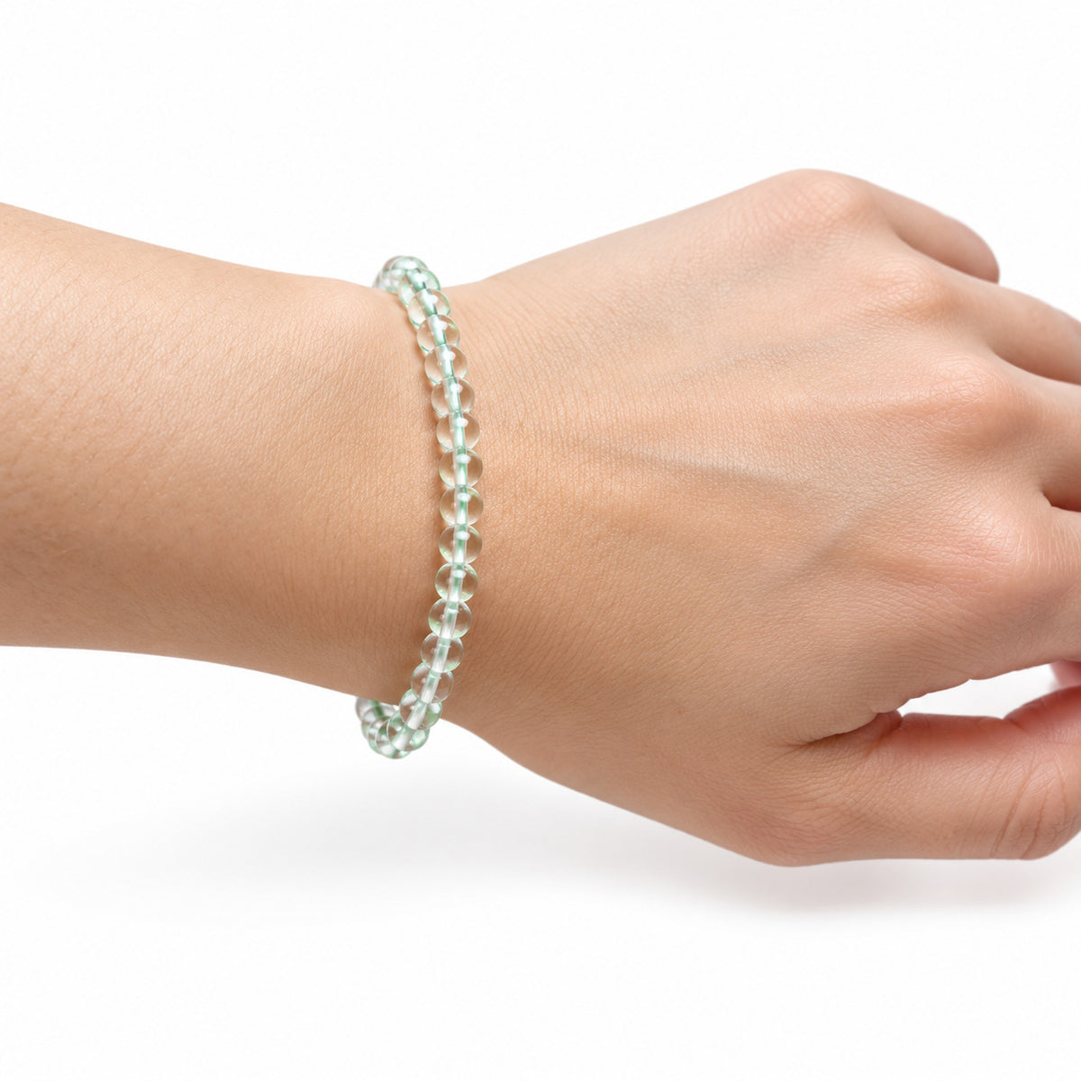 Crystal Quartz Bead Bracelet — wrist side view