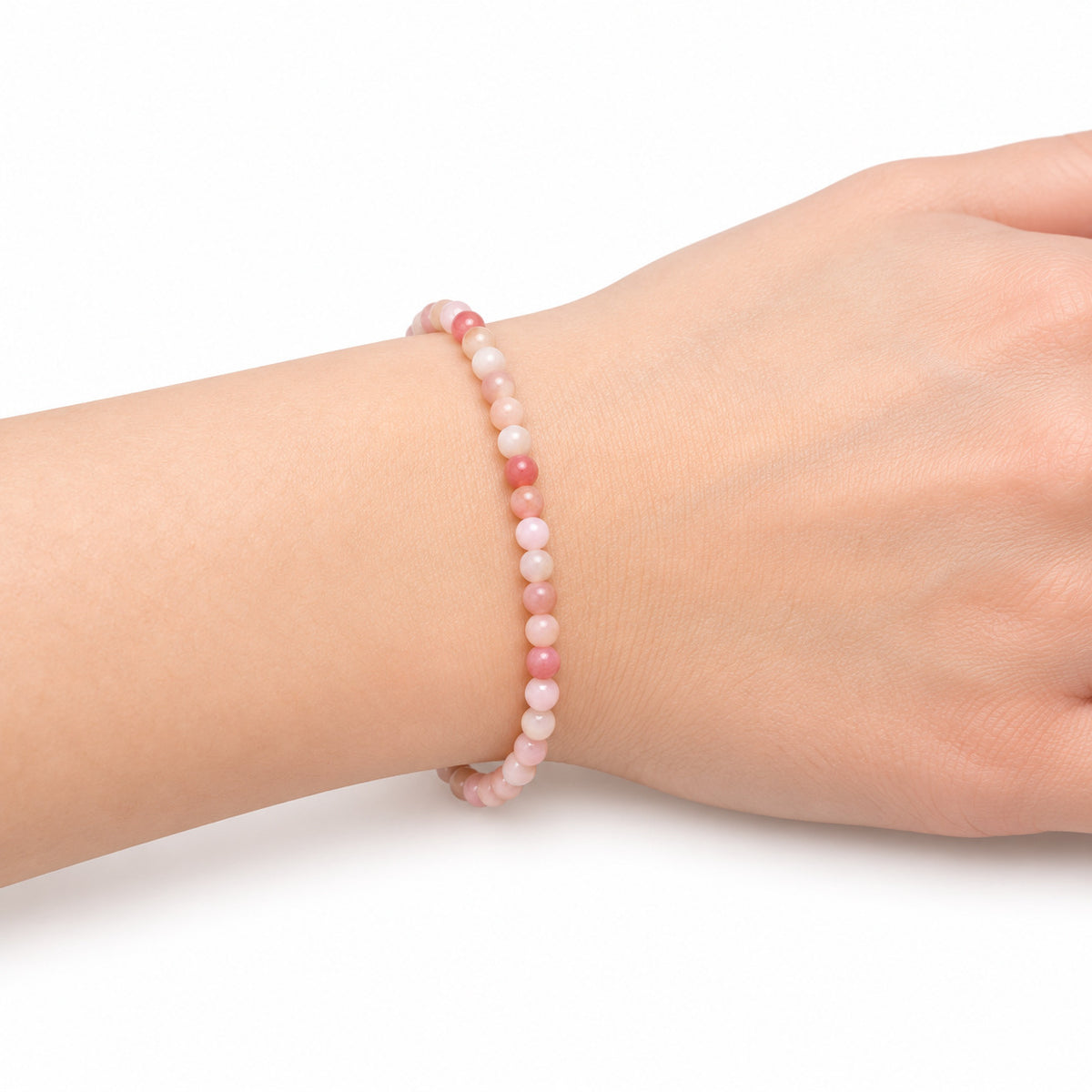 Pink Opal Bead Bracelet — wrist side view
