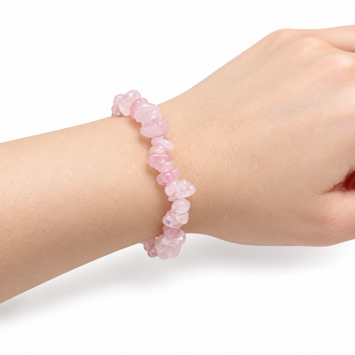 Rose Quartz Chip Bracelet — wrist side view