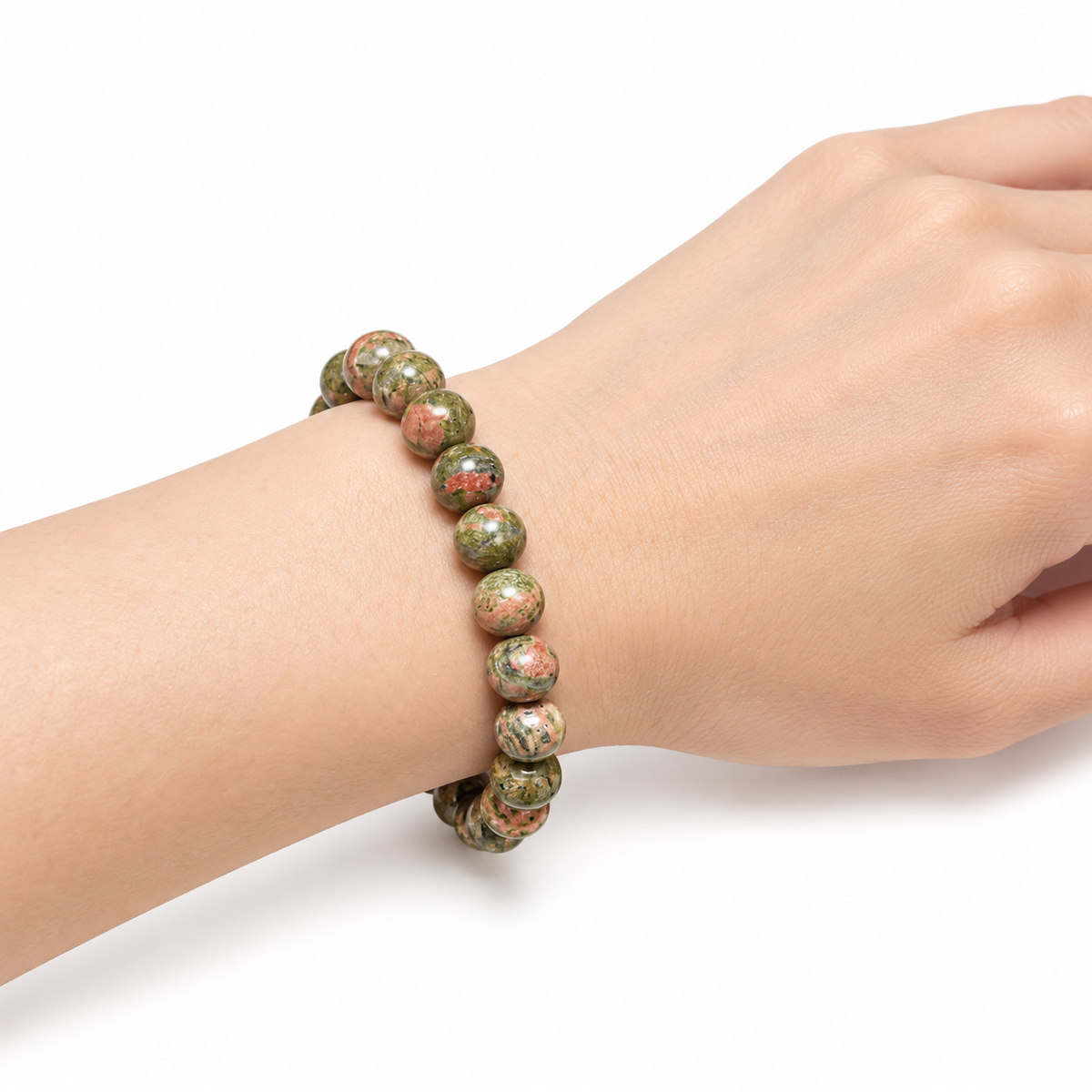 Unakite Bead Bracelet — wrist side view