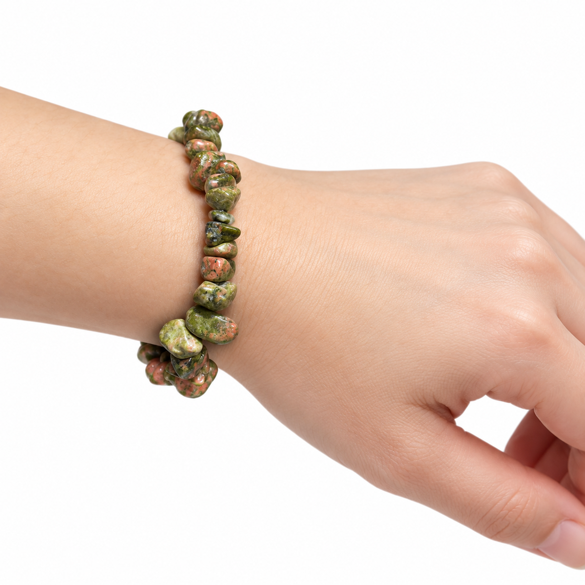 Unakite Chip Bracelet — wrist side view