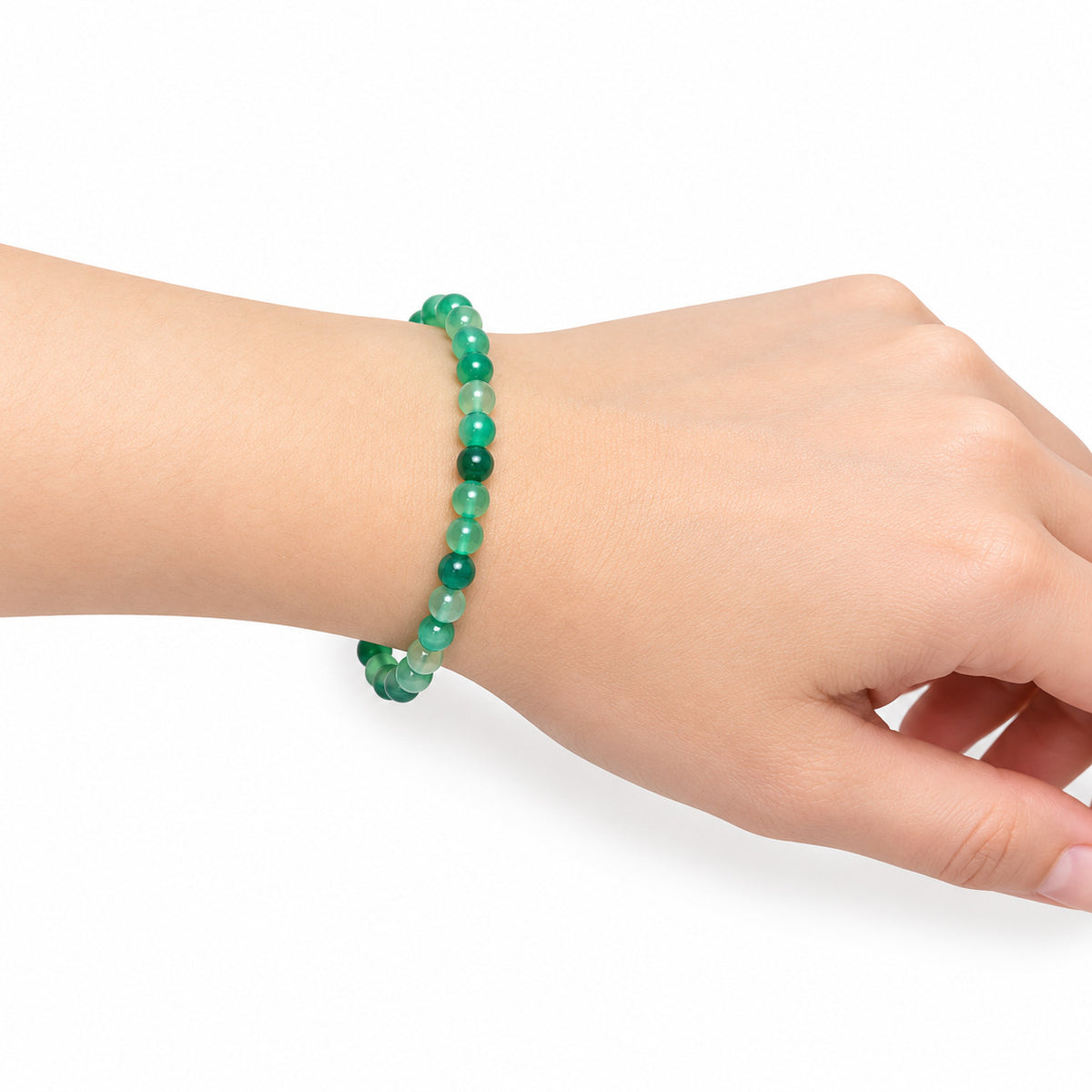 Green Agate Bead Bracelet — wrist side view