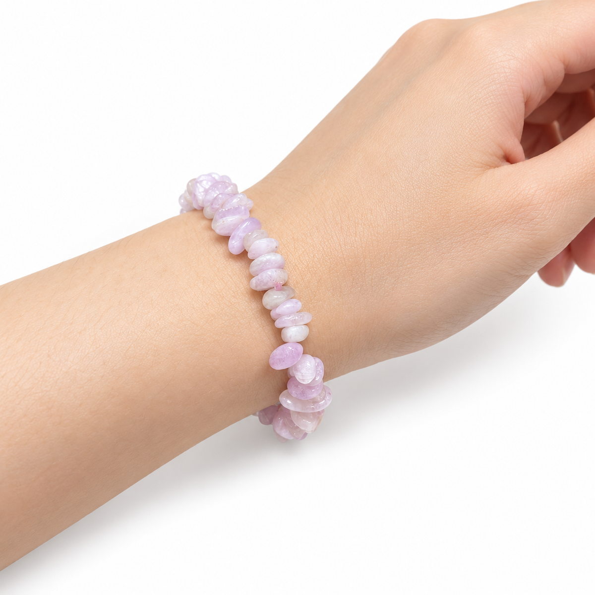 Kunzite Chip Bracelet — wrist side view