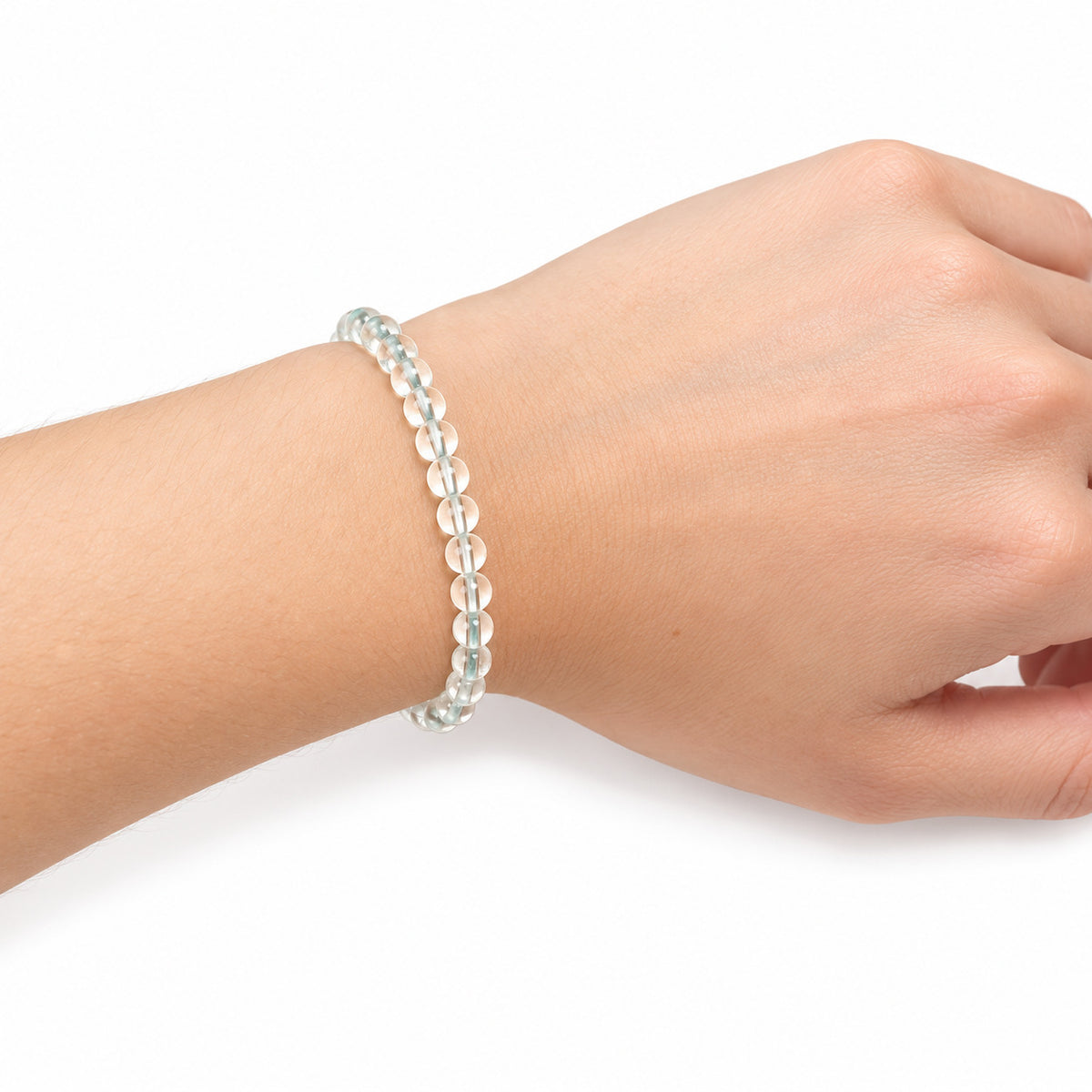 Crystal Quartz Fine Bead Bracelet — wrist side view
