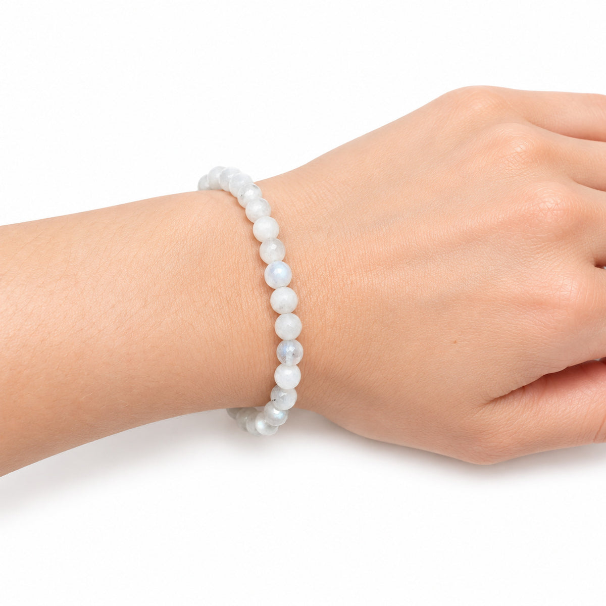 Moonstone Bead Bracelet — wrist side view