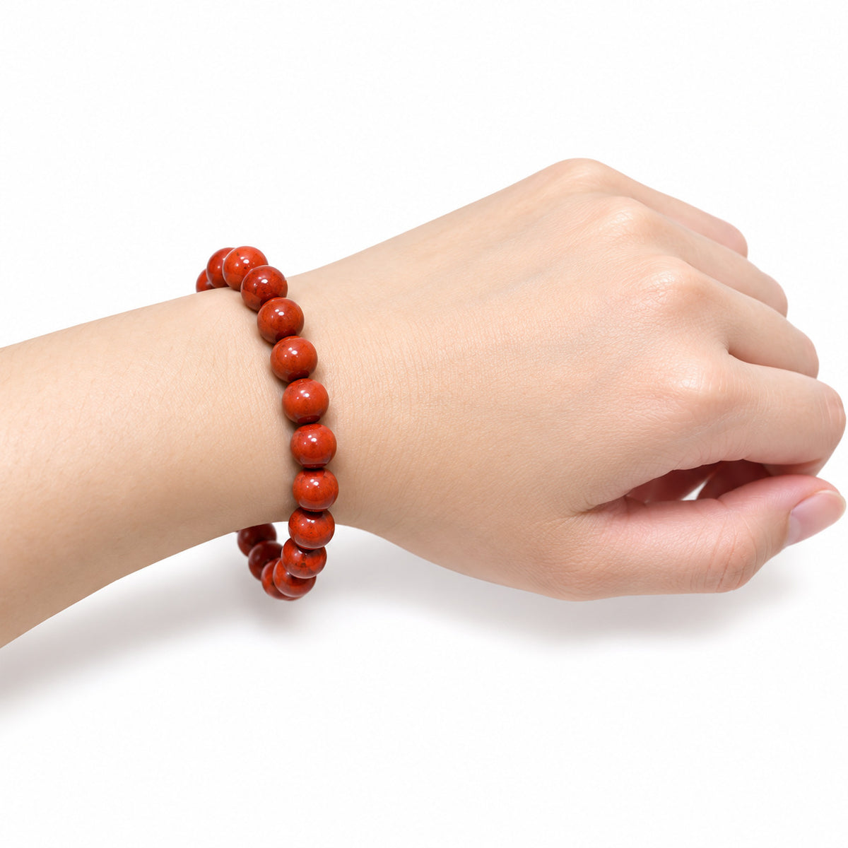 Red Jasper Bead Bracelet — wrist side view