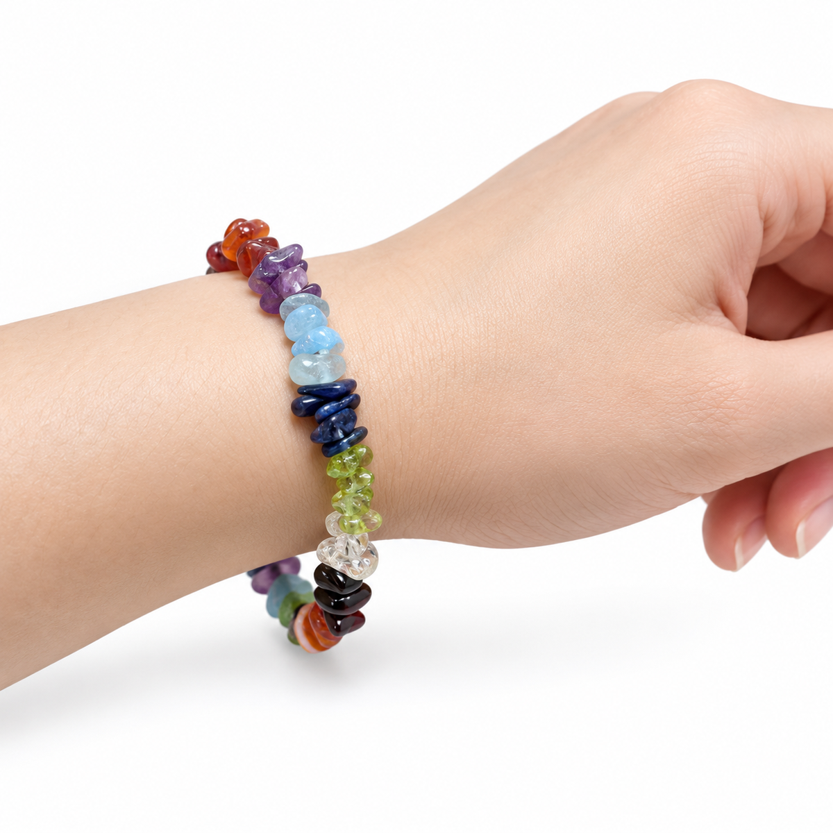 Seven Chakra Chip Bracelet — wrist side view